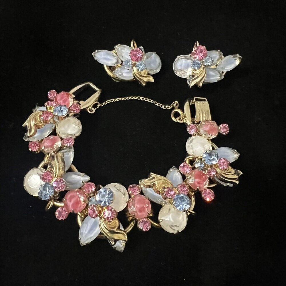Juliana D&E Jewelry Set Bracelet Earrings Pink Blue Opal Glass Rhinestone Floral